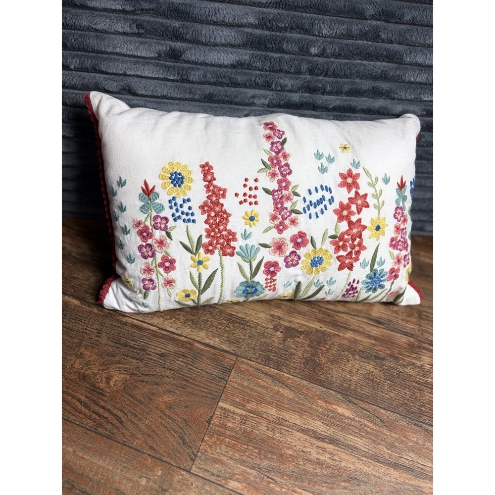 Pier 1 Imports Multicolored Floral Embroidered  Lumbar Pillow Embroidered Flower